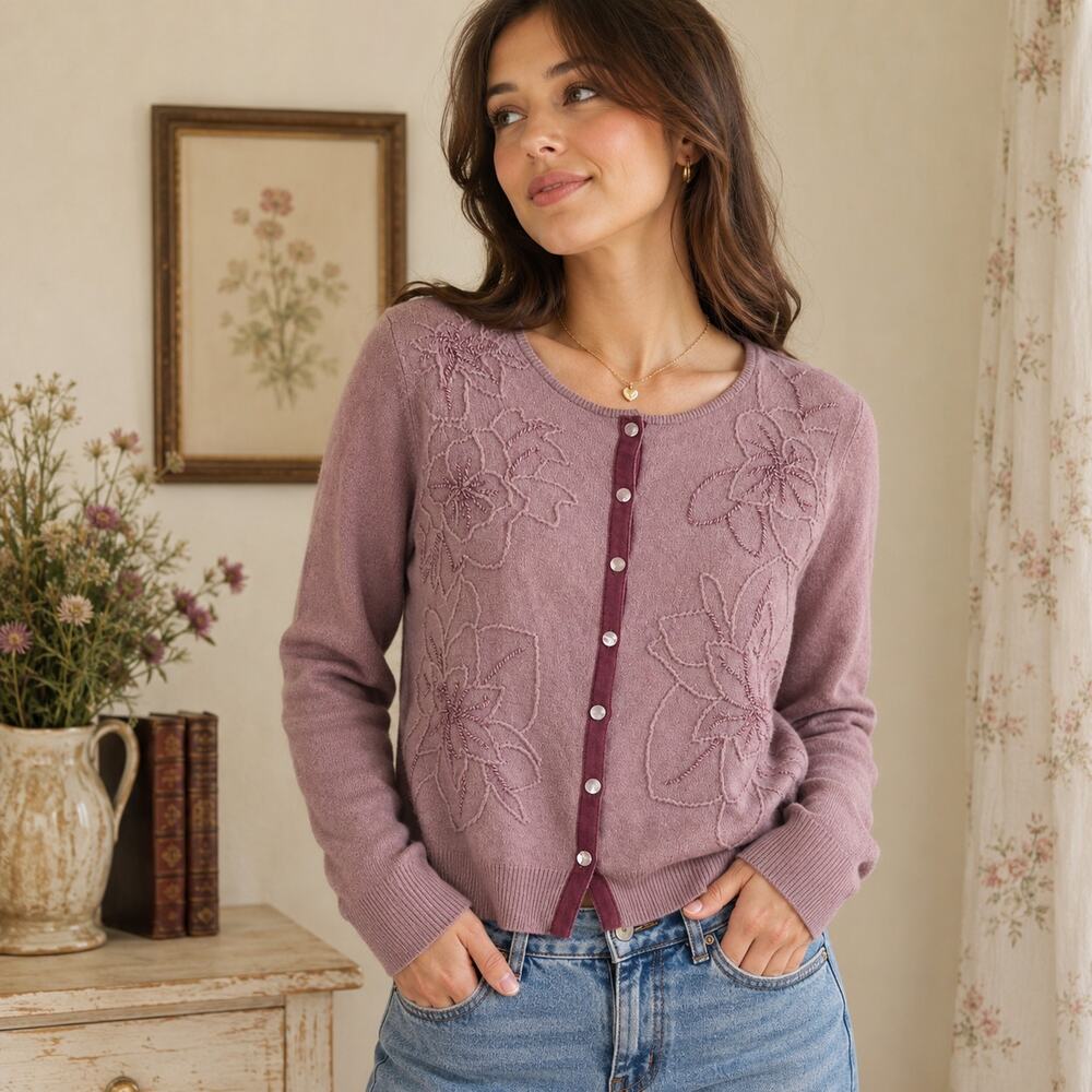 J Jill purple floral wool silk lined cardigan Small petite cottagecore dainty